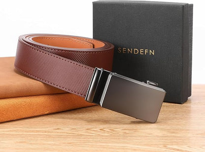 SENDEFN Leather Belt for Men Automatic Ratchet Buckle Slide Dress Casual Belts 1 3/8'' Wide Adjustable Trim to Fit(Black-20)