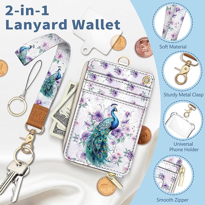 Lanyard Wallet with Id Badge Holder, Peacock RFID Small Keychain Wallet Women Wristlet, Cute Zipper Credit Card Holder Phone Wrist Neck Strap for Key Name Tag, Teacher Student Office Gifts