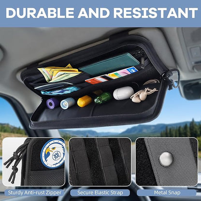 TICARVE Car Sun Visor Organizer, Multi-Pocket Visor Organizer Storage Pouch, Heavy Duty Molle Panel with Double Zippers, Elastic Bands & Glasses Clip, Tactical Storage Pouch for Cars, SUVs, Trucks