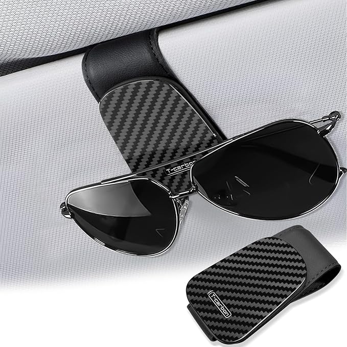 T-carbon Sunglass Holder for Car Visor,Magnetic Leather Glasses Holder,Carbon Fiber Sunglasses Holder and Ticket Card Clip,Car Accessories Interior,Glossy Black