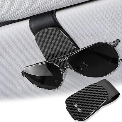 T-carbon Sunglass Holder for Car Visor,Magnetic Leather Glasses Holder,Carbon Fiber Sunglasses Holder and Ticket Card Clip,Car Accessories Interior,Glossy Black