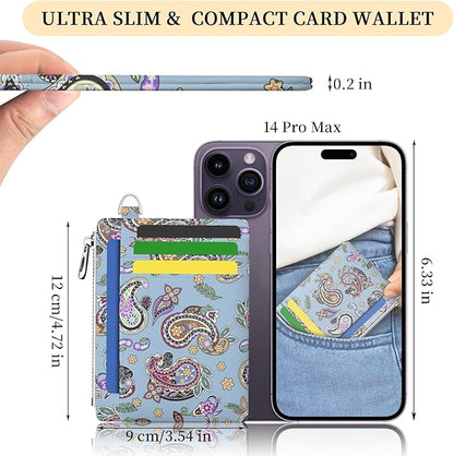 Hancynir Slim Wallet Women Credit Card Holder Boho RFID Blocking Small Cute Card Wallets Mini Front Pocket PU Leather Card Case Thin Travel Zipper Coin Cash Ladies Female Wallet Gifts