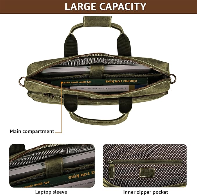 LEATHER VILLAGE 18" Leather Laptop Messenger Briefcase Bag for Men-Leather Satchel for Travel and Office Shoulder Bag- Olive
