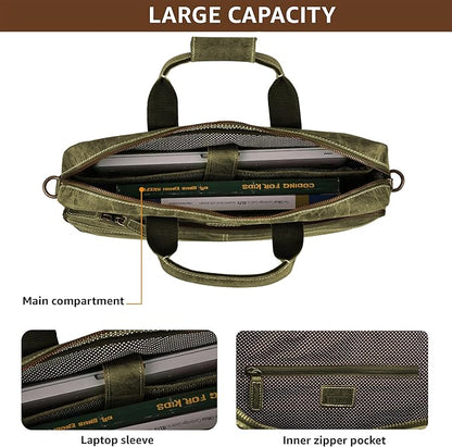 LEATHER VILLAGE 18" Leather Laptop Messenger Briefcase Bag for Men-Leather Satchel for Travel and Office Shoulder Bag- Olive