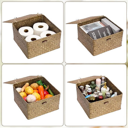 Hipiwe Handwoven Storage Box with Lid Seagrass Wicker Shelf Basket Bin Household Organizer for Bookshelf Living Room Bath Room, Coffee, X-Large