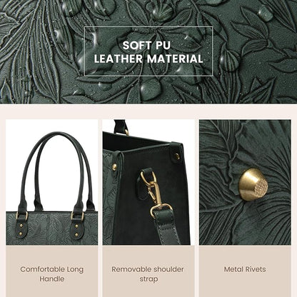 LOVEVOOK Laptop Tote Bag for Women, 15.6 Inch Large Capacity Vintage Leather Work Computer Bag, Business Casual Shoulder Handbag, Green Embossed