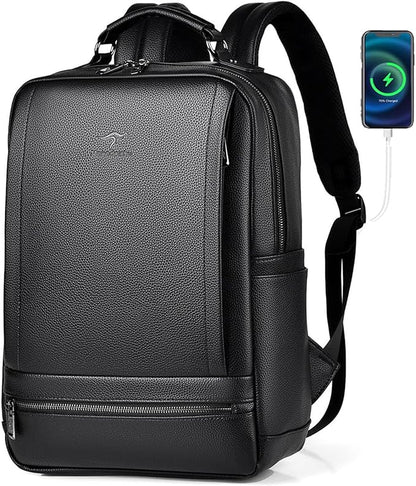 CHAO RAN Leather Laptop Backpack for Men Fit 15.6 Inch Laptop, Business Work Office College Medium Backpack with USB Charging Port, Waterproof Black Travel Bag (Black19)