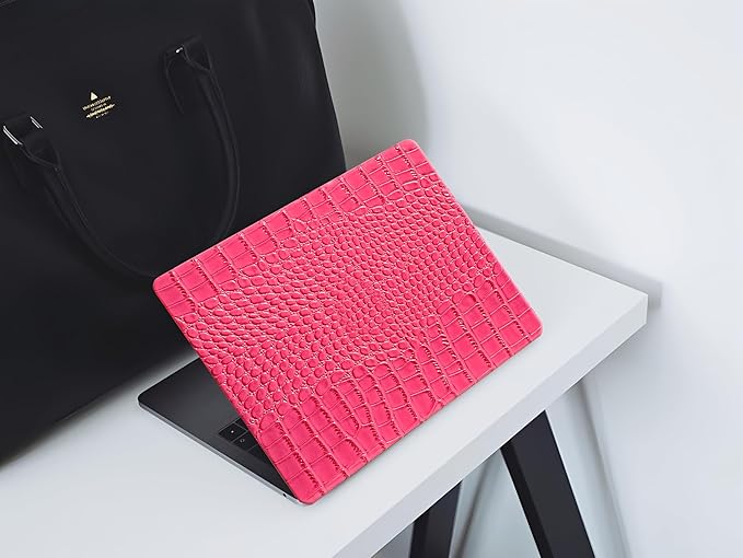 KEROM Compatible for Crocodile MacBook Pro 13 Inch Case 2025-2016 M2 M1 A2338 A2289 A2251 A2159 A1989 A1706 A1708, Textured Aligator Skin Snakeskin PU Leather Hardshell & Keyboard Cover, Pink