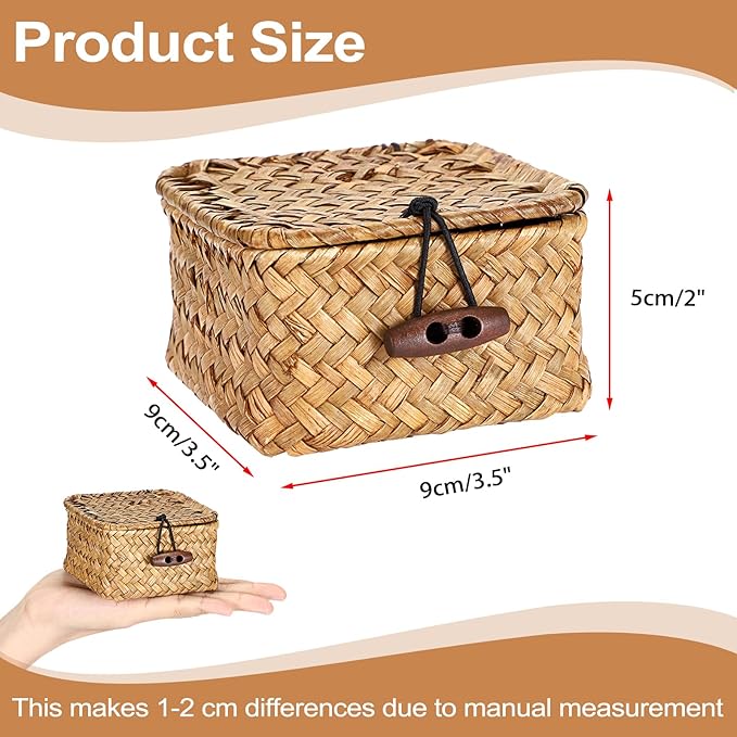 Hipiwe Handwoven Wicker Basket with Lid Desk Organizer for Remote Control Key Glass Coffee Color Seagrass Box for Decoration, Caramel Color 3.5" x 3.5" x 2"