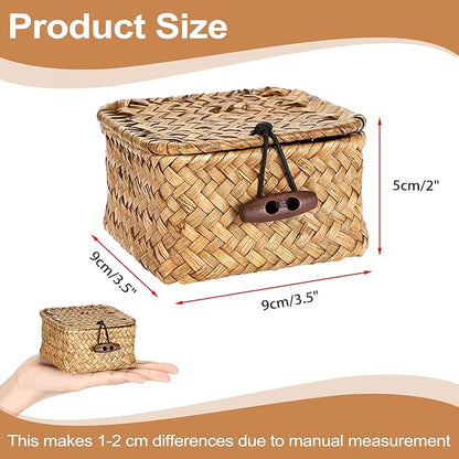 Hipiwe Handwoven Wicker Basket with Lid Desk Organizer for Remote Control Key Glass Coffee Color Seagrass Box for Decoration, Caramel Color 3.5" x 3.5" x 2"