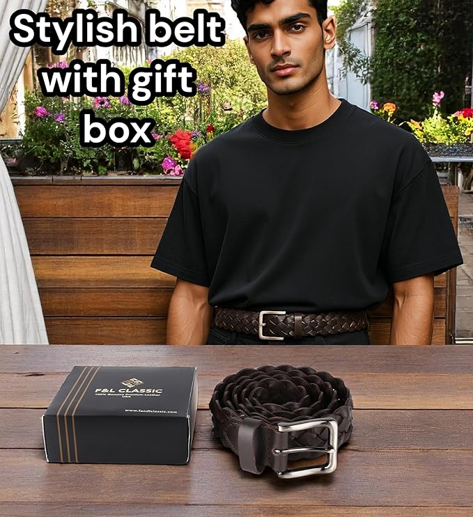 F&L CLASSIC Leather Braided Belts for Men - Mens Casual Woven Leather Belt for Dress Pants