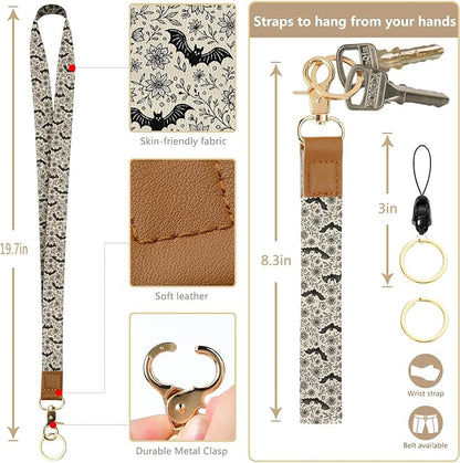 bolimoss Bat Lanyard Wallet Badge Holder PU Leather RFID Keychain Wallet with Breakaway Neck Wristlet Lanyard Zipper Pocket, Slim Credit Card Holder with Key Ring Phone Holder for Teacher Nurse Women