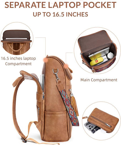 SYTRAH Leather Laptop Backpack for Women Designer Laptop Bag, 16.5 inch Travel Computer Backpacks Purse with Tassel for Work Business with Satchel Purse Brown