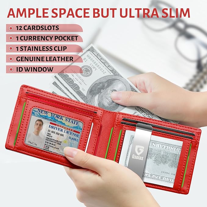GSOIAX Slim Leather RFID Bifold Wallet for Men Minimalist Front Pocket Wallet with Money Clip,12 Card Slots,ID Window,Cool Groove Design,Includes Gift Box (Carbon Red)