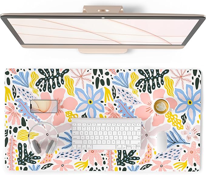 QiyI Floral Large Mouse Pad, Cute Desk Mat for Desktop, Women Girls Desk Accessories Office Décor, PU Leather Waterproof Big Gaming Mousepad, Doodle Flowers Desk Pad Computer Mat, 31.5" x 15.7"