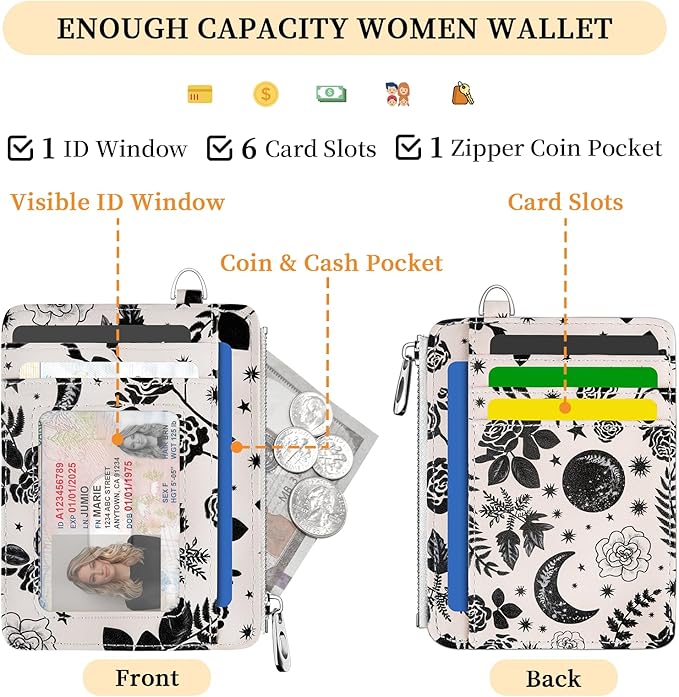 Hancynir Goth Moon Floral Slim Wallet Women Credit Card Holder Gothic Flower RFID Blocking Small Cute Card Wallets Mini Front Pocket PU Leather Thin Travel Zipper Coin Cash Ladies Female Wallet Gifts