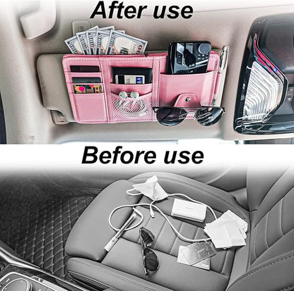 Keedolla Car Sun Visor Organizer, Truck Visor Organizer Car Sun Storage Pocket Pouch Case Bag for Sunglasses, Cards, Pens and Document - Pink
