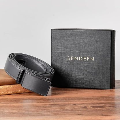 SENDEFN Men's Leather Belt Automatic Ratchet Buckle Slide Belt for Dress Casual Trim to Fit with Gift Box