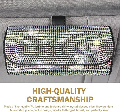 Bling Sunglasses Holder for Car Sun Visor, Rhinestone Auto Eyeglasses Mount Clip Organizer, Leather Sunvisor Sunglasses Storage Case, Universal Glasses Holder Clips for SUV, Sedan, Van (AB)