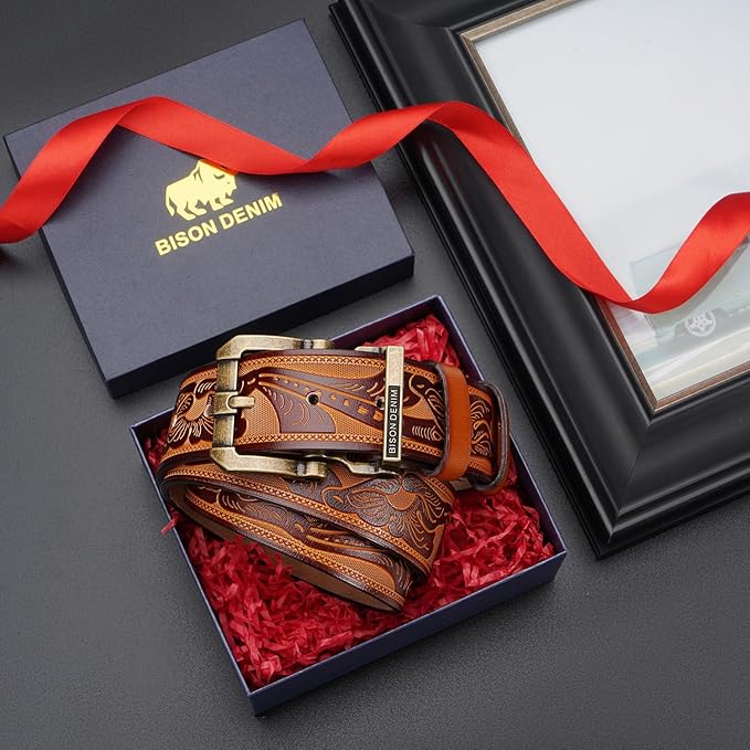 BISON DENIM Men's Genuine Leather Casual Belt, Classic Western Cowboy Dress Belts