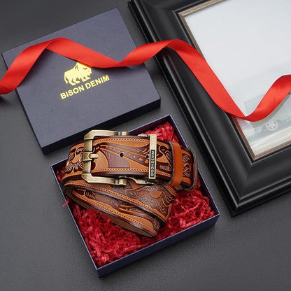 BISON DENIM Men's Genuine Leather Casual Belt, Classic Western Cowboy Dress Belts