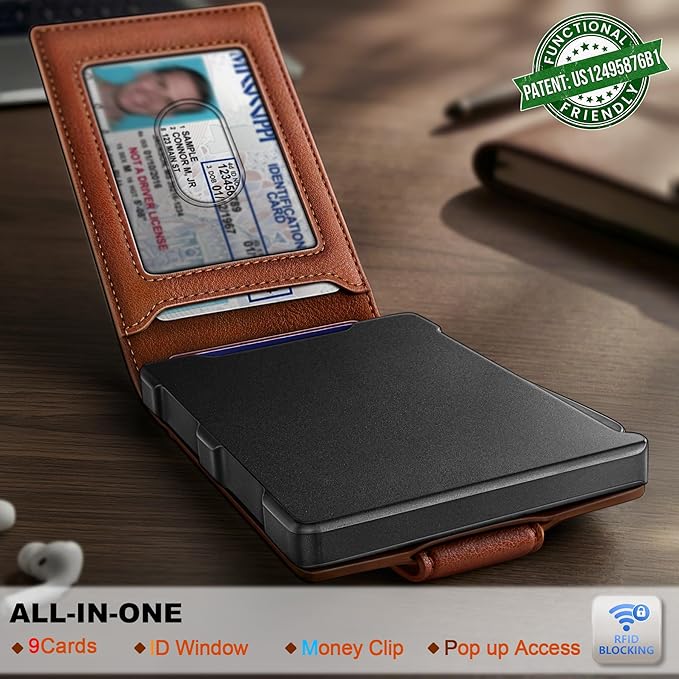 BULLIANT Men Wallet,Metal Case Money Clip with Grain Leather Flip 11 Cards-Pop-up Access Magetic Closure