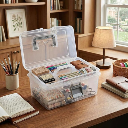 MyGift 10.2 Inch Transparent Plastic Empty Multipurpose Tackle Box with Gray Handle and Removable Tray for Tools, First Aid, Sewing Kit, Arts Crafts Supplies Storage