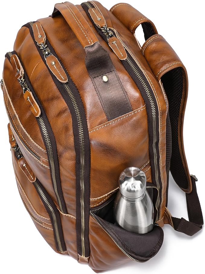 LANNSYNE Vintage Full Grain Leather Backpack For Men, 17.3'' Laptop Bag Causal Rucksack Shoulder Bag Overnight For Business/Travel/Camping