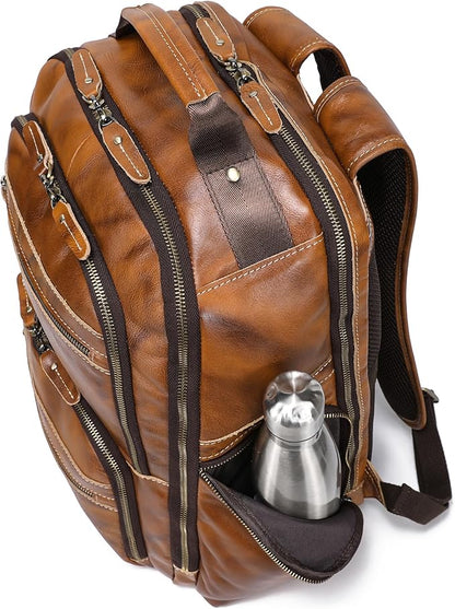 LANNSYNE Vintage Full Grain Leather Backpack For Men, 17.3'' Laptop Bag Causal Rucksack Shoulder Bag Overnight For Business/Travel/Camping