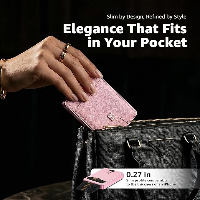 VENICE RFID Blocking Wallet, Minimalist Card Holder with Quick Access, Vegan Leather & Brushed Aluminum, Gift-Ready Packaging (Pink)