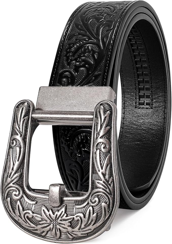 SANSTHS Western Cowboy Ratchet Belts for Men Women Leather Cowboy Belt with Automatic Western Buckle for Jeans Gifts