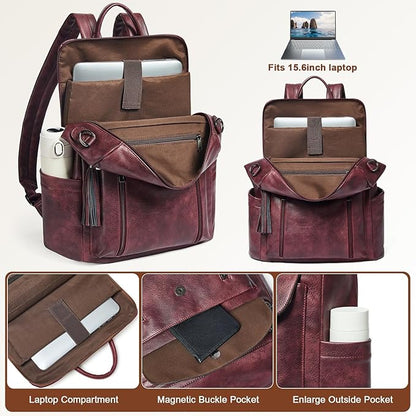 Shrrie Laptop Backpack for Women 15.6 inch,Travel Leather Backpack Purse Nurse Teacher Carry on Backpack Computer Bag,Professional Water-Resistant College Business Work Casual Daypack,Two-tone Maroon