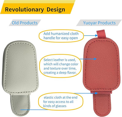Yuoyar Sunglass Holder for Car, Magnetic Leather Sunglasses Holder and Ticket Card Clip, Car Visor Accessories, 2 Packs (Red)
