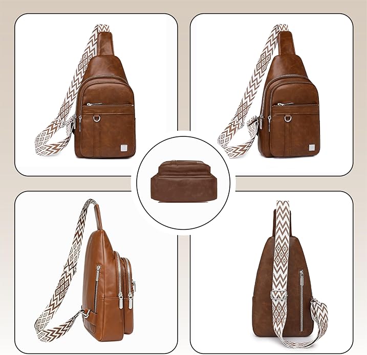Sling Bag Set, PU Leather Sling Bag, Multi-Zipper Design for Travel, Outdoors, Valentine’s Day Gifts