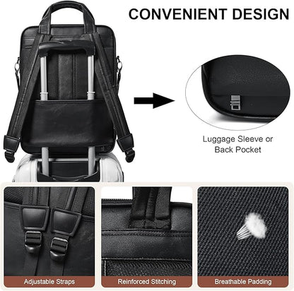Shrrie Laptop Backpack for Women and Men, 15.6 Inch Vegan Leather Computer Backpack Professional Water-Resistant Casual Daypack for Work Business College Travel Office,Two-toned Black