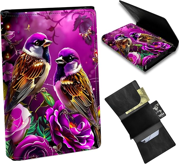 Minimalist Wallet for Men's Card Holders, Pop-Up Card Case Wallets for Women, Leather Automatic Credit Card Holder with Metal Money Clip RFID Blocking Bifold Pocket, 2 Hummingbird Flowers