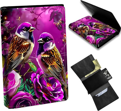 Minimalist Wallet for Men's Card Holders, Pop-Up Card Case Wallets for Women, Leather Automatic Credit Card Holder with Metal Money Clip RFID Blocking Bifold Pocket, 2 Hummingbird Flowers