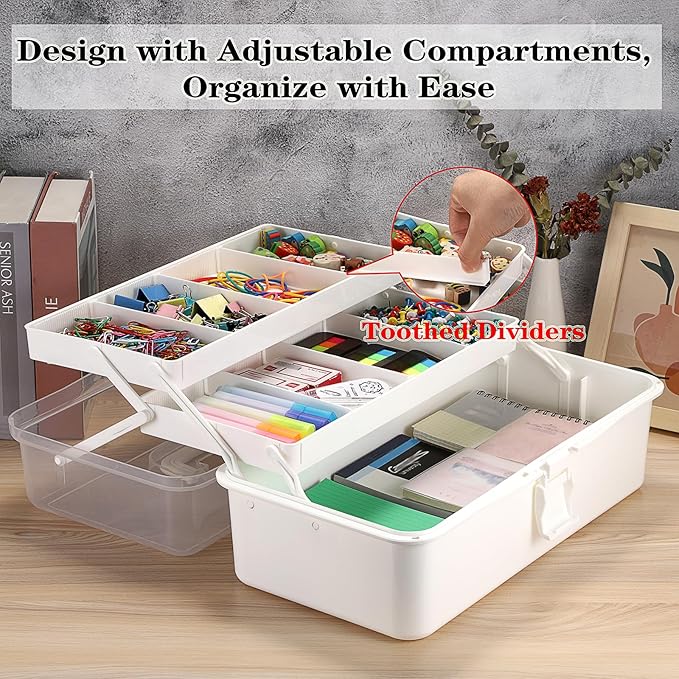 Tackle Box, 16-Inch Extra Large Art Storage Box with 3-Layer Folding Trays, Multipurpose Craft Organizers and Storage w/ Adjustable Dividers, Portable Tool Box for Sewing Supplies,Medicine &Cosmetics