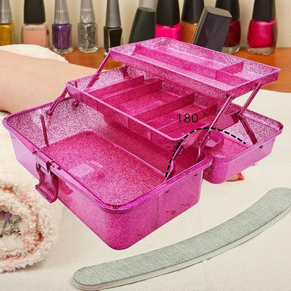 Saim Small Parts Organizer, 3-Layer Storage Box with Fixed Compartments, Ready-to-Use Portable Makeup & Hair Accessories Case, Craft Organizer for Girls Teens College Dorm - Hot Pink