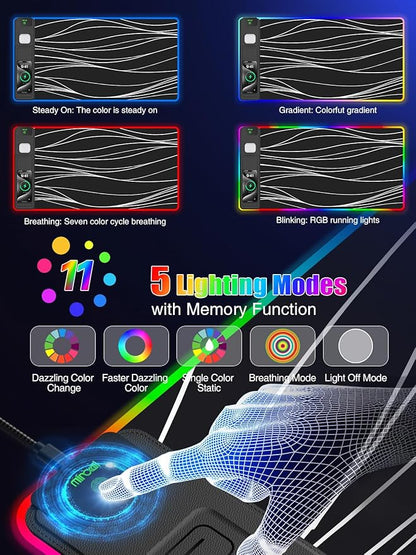 Mouse Pad with Foldable Phone Holder & Wireless Charger, XXL RGB Gaming Mousepad 31.5"x15.8" Large Desk Mat for Keyboard, Black Desk Pad with Dual Qi Charging Station | 11 Colors 5 Modes | Waterproof