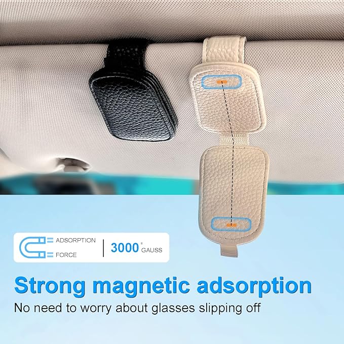 LTOHOE 2 Pack Sunglass Holder for Car, Magnetic Leather Sunglasses Holder and Ticket Card Clip, Universal for Different Size Glasses, Car Visor Accessories(Beige)