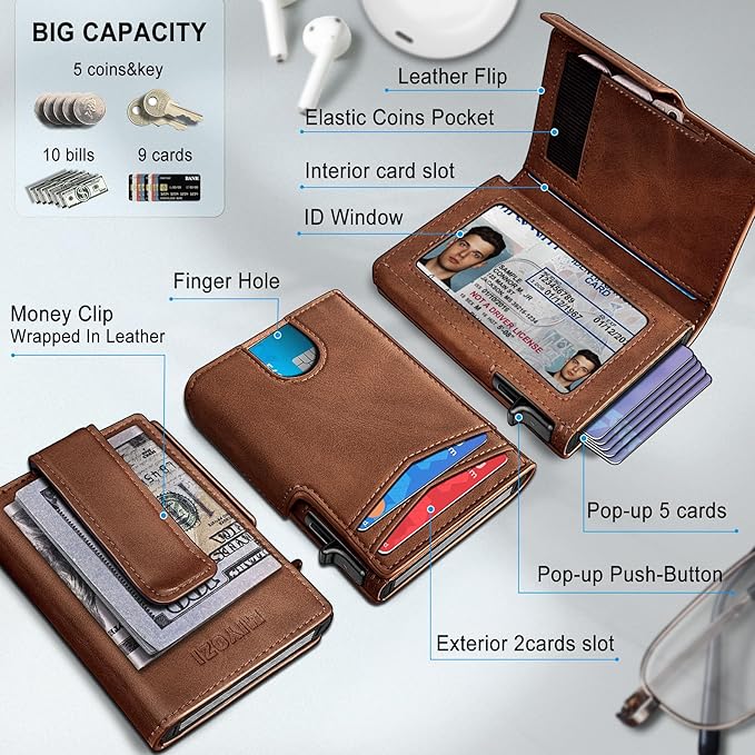 miyozi Wallet for Men, Magnetic Minimalist Slim Wallet with Pop Up Card Holder, 9 Cards RFID Blocking Metal Credit Card Case, Leather Wrapped Money Clip, ID Window & Small Item Slot, Gift Boxed