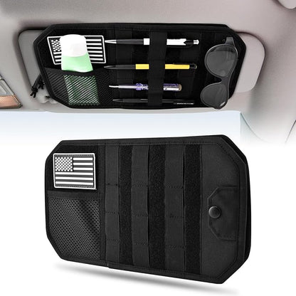 Car Sun Visor Organizer with Zipper Storage Pouch & Glasses Clip – Semi-Rigid MOLLE Panel with Patch – Universal Fit for Vehicles, SUVs, Trucks(Black)