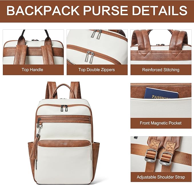 Leather Laptop Backpack for Women,Leather Backpack with Laptop Compartment Fit 15.6 inch Laptops,Carry-on Travel Backpacks,Casual Daypack for Work Business Weekender College,Beige