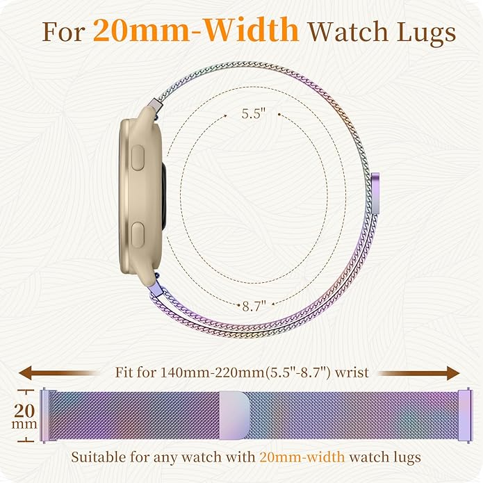 18mm 20mm Metal Band Compatible for Garmin Vivoactive 5/6/4S/3 Watch Bands, Soft Stainless Steel Mesh Strap for Garmin Venu 3S/Venu 2S/Sq Watch Band, Forerunner 55/245/255S/265S Watch Band Women Men