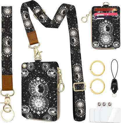 Sun and Moon Lanyard Wallet with ID Badge Holder, PU Leather Zipper Card Holder for Women, Boho Slim ID Case, RFID Detachable Neck Lanyard Wrist Strap with Keychain for Teacher Work Office