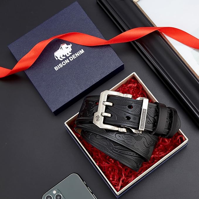 BISON DENIM Men's Belts Leather Dress Genuine Leather Classic Heavy Duty Buckle Belt Casual for Jeans