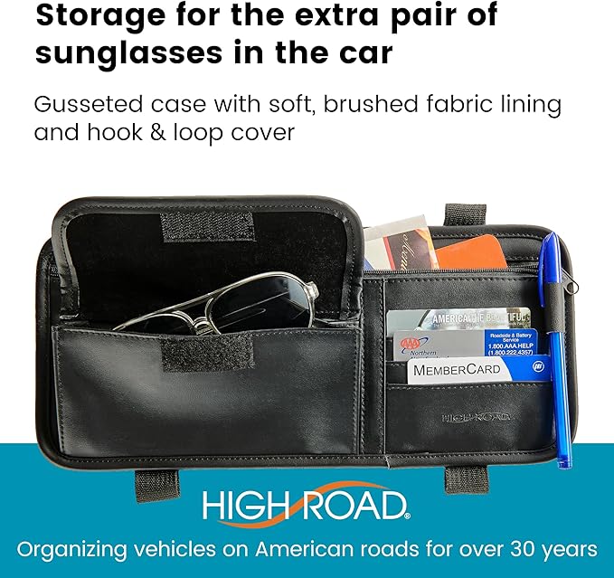 High Road Sun Visor Organizer with Sunglass Holder for Car - Faux Leather Glasses Holder for Car or Truck with Card Pockets and Zippered Compartment for Documents and Receipts