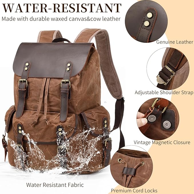 Wogarl Vintage Leather Canvas Backpack, Waxed Canvas Shoulder Rucksack with Toiletry Shoulder Rucksack for Traveling, Camping, Hiking,Business College Fits 17inch Laptop,Coffee