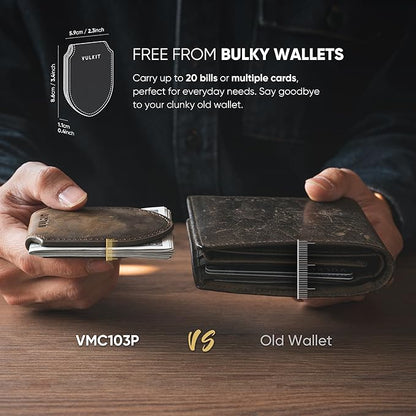 VULKIT Luxury Money Clip Top Grain Leather Magnetic Closure VULKIT Streamline Design Money Clip Wallet, Holds 10-20 Bills